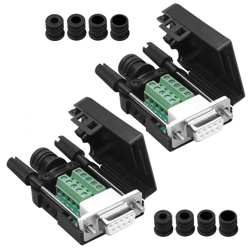 Anmbest 2PCS DB9 Solderless RS232 D-SUB Serial to 9-pin Port Terminal Male Adapter Connector Breakout Board with Case Long Bolts Tail Pipe (2PCS Thinner Female) - Image 1